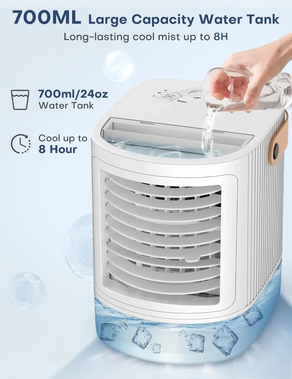 Mini Condicionador de Ar Poderoso, 3 em 1, 3 Níveis de Humidificação, 3 Velocidades para Arrefecimento Melhorado, Tanque de Recarga Superior, L de 8 Horas