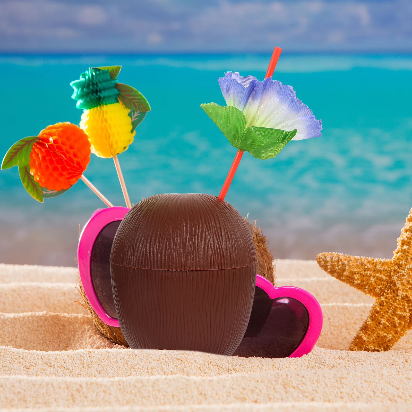 

4 Pcs Shaped Cups 500ml Beach Luau Supplies Plastic Drinking Mugs Summer Straws Outdoor Coconut Cups Hawaiian Party Activities