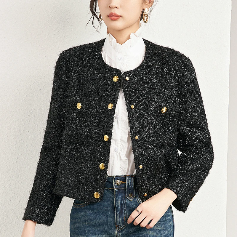 

30% Wool Coat Women Short Jacket Autumn Winter Long Sleeve Single Breasted Women's Woolen Tweed Jackets Office Lady Black Coats