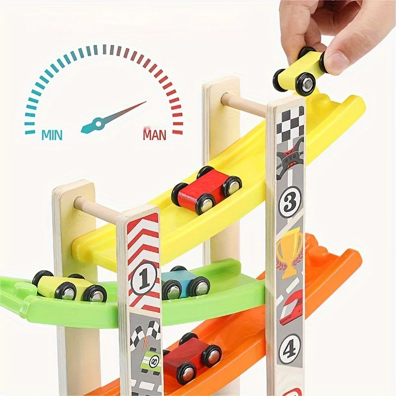 Children\'s Educational Track 4-Layer Wooden Gliding Car Coasting Racing Car Slide Racing Fun Track Car Educational Toy