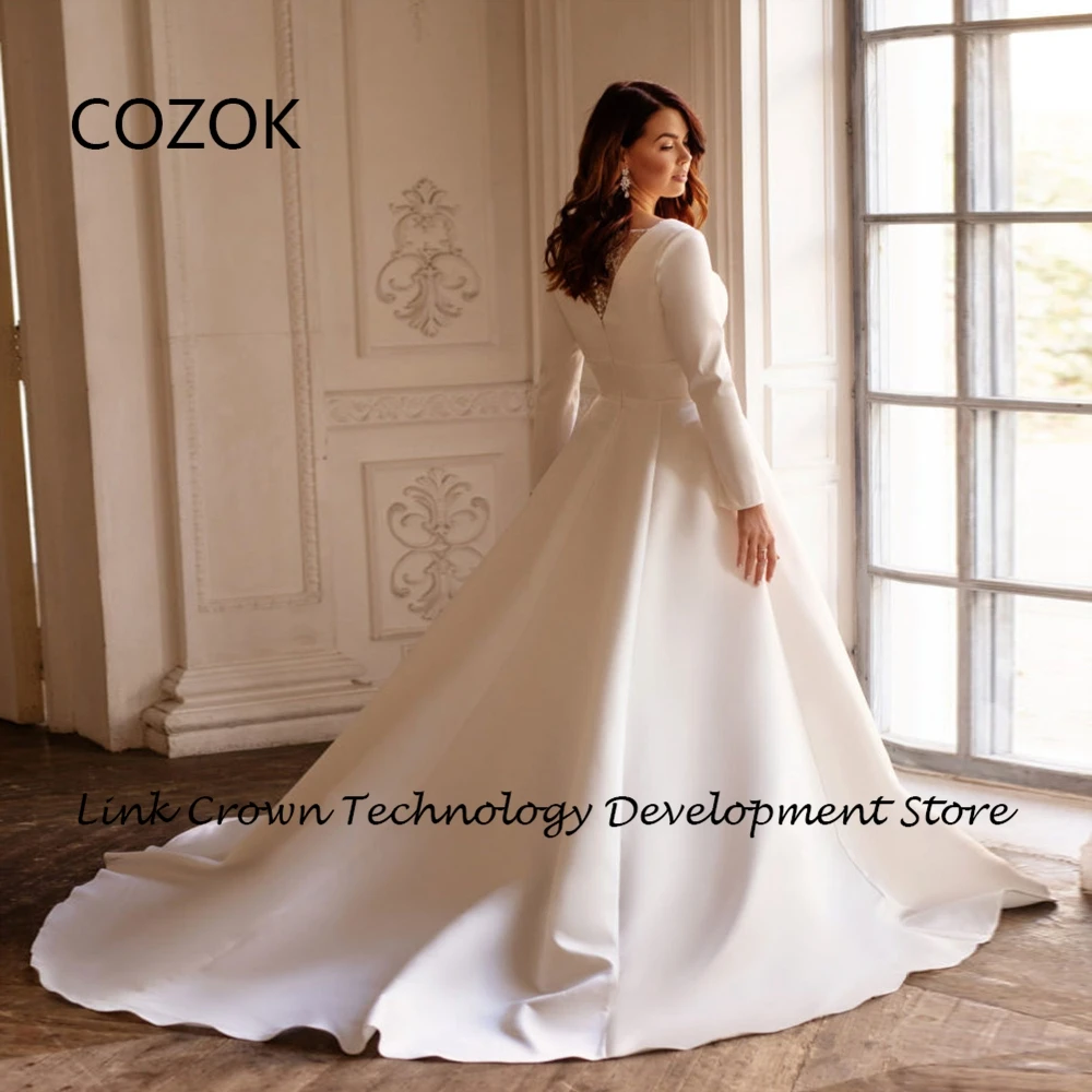 COZOK White Satin Wedding Dresses for Women 2024 Summer New Sweep Train New Full Sleeve Bridal Gowns with Lace Vestidos De Novia