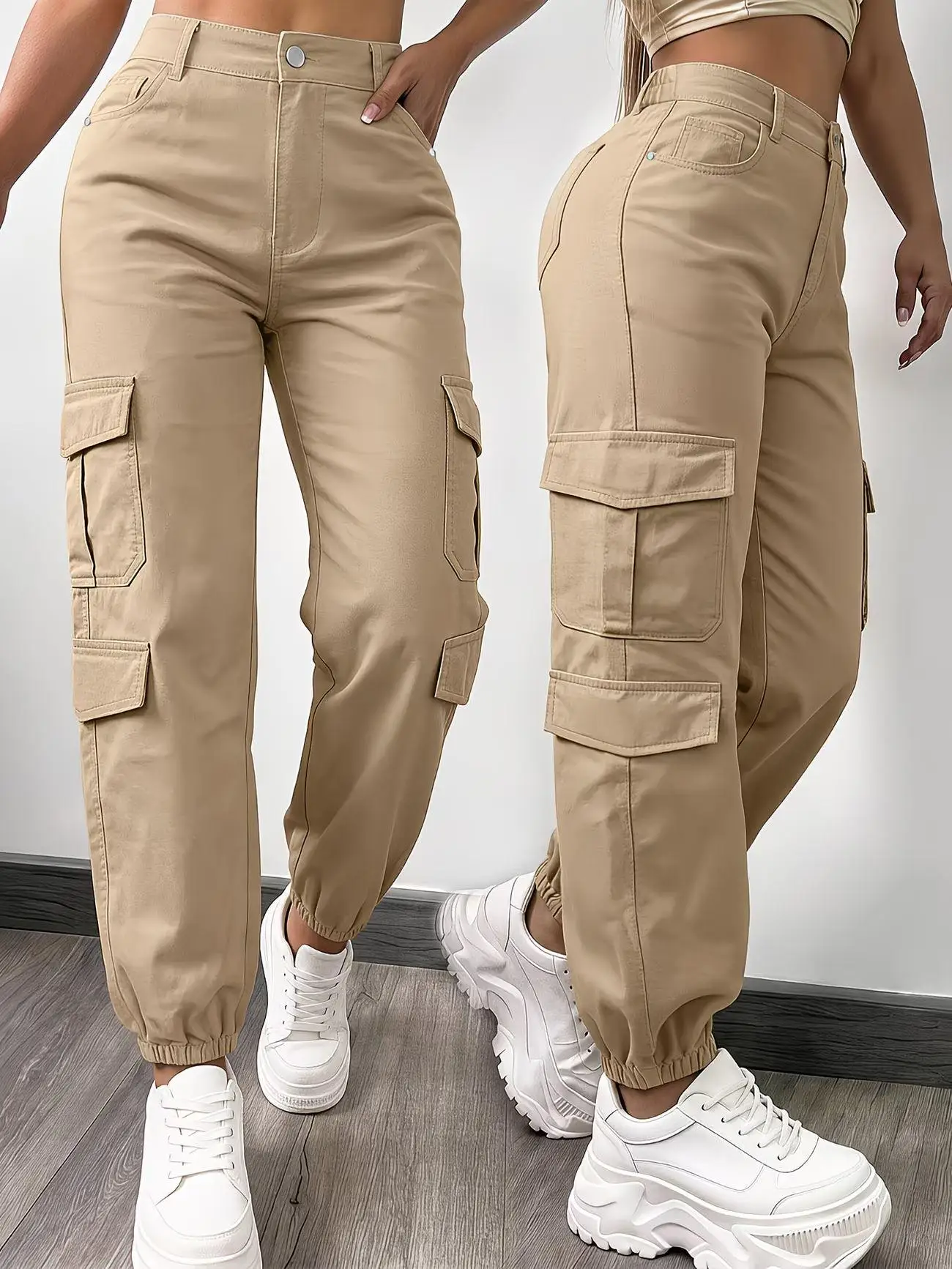 Women Multi Pocket Solid Jogger Cargo Pants Casual for Commute Home Office