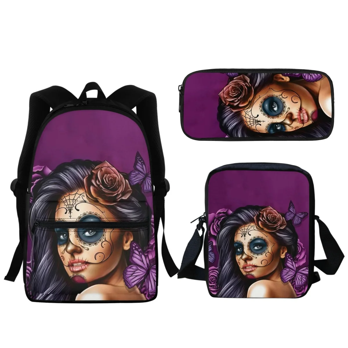 3PC zaini ritorno a scuola regalo di Halloween Horror Thriller Skull Rose Girl Design Fashion Backpack Portable Lunch Satchel nuovo