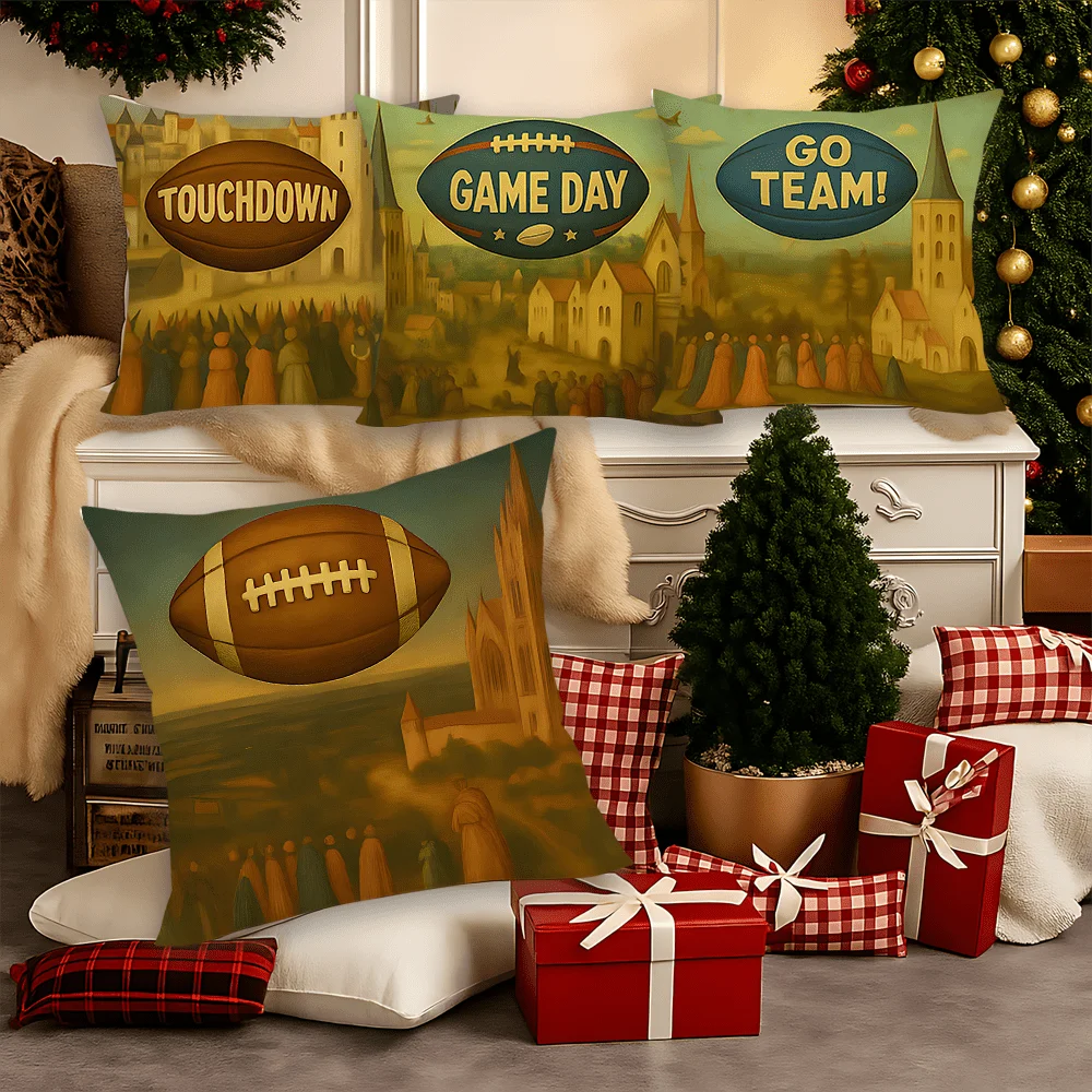 Retro oil painting of rugby football digital printing pillow cover Short plush Suitable rooms bedrooms sofas throw cushion cover