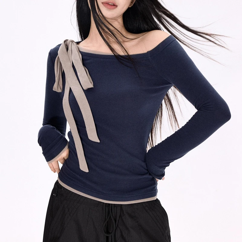 

Women's Asymmetric Shoulder Long Sleeved Top With Contrast Tie Detail