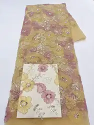 Flores de encaje 3D amarillas, últimos estilos de encaje africano, telas de encaje de fiesta francesa, 5 yardas, tul, cuentas nigerianas, telas de encaje para novia