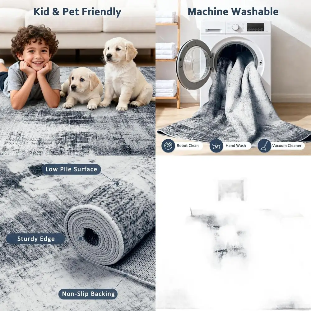 

Большой абстрактный коврик 8x10 — нескользящий, устойчивый к пятнам, моющийся для гостиной, спальни, столовой и офиса — синий, серый