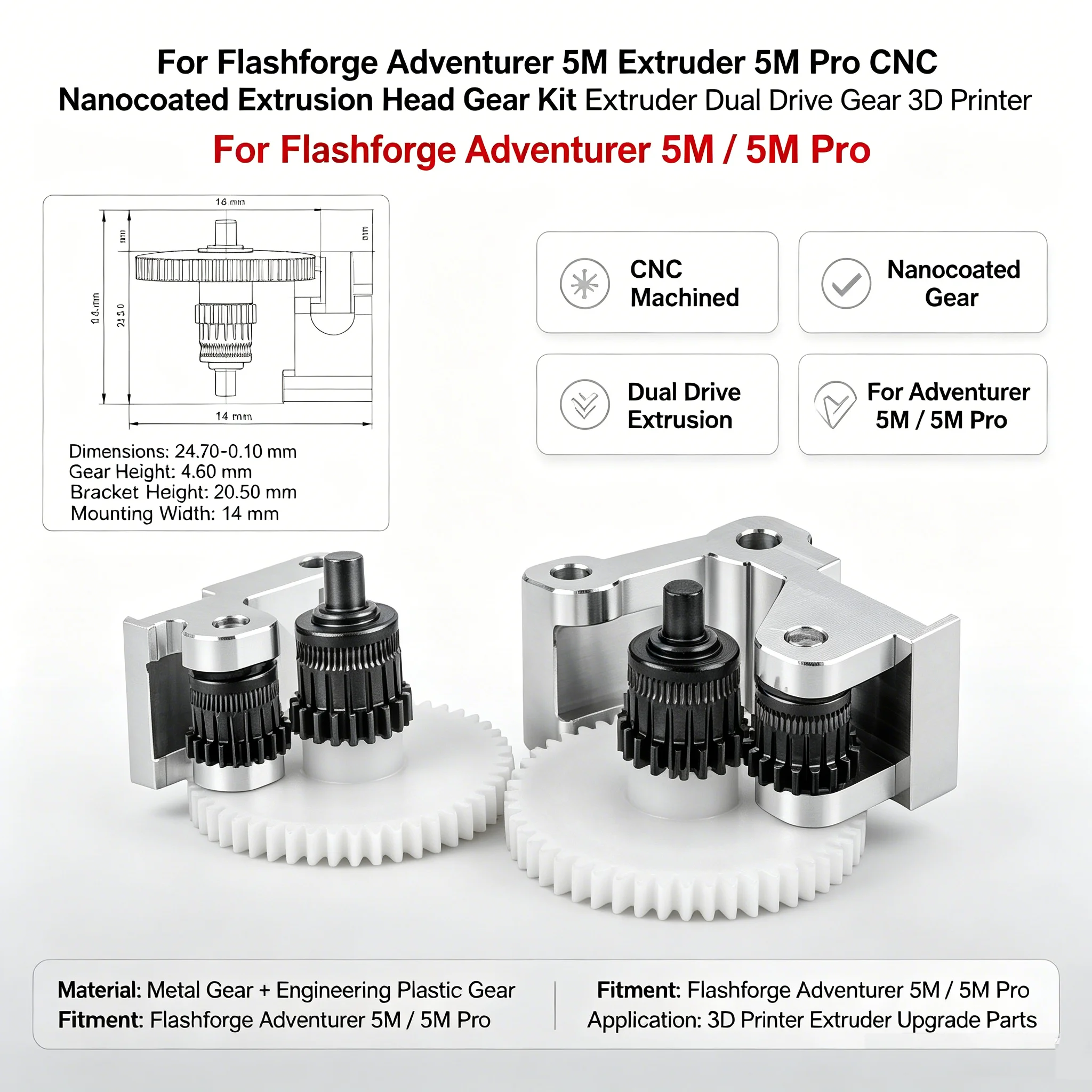 

For Flashforge Adventurer 5M Extruder 5M Pro CNC Nanocoated Extrusion Head Gear Kit Extruder Dual Drive Gear 3D Printer Parts...