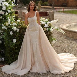 Lhuillier Customized 2 in 1 Mermaid Lace Wedding Dresses Square Neck Sleeveless Beaded Bridal Dress with Detachable Train