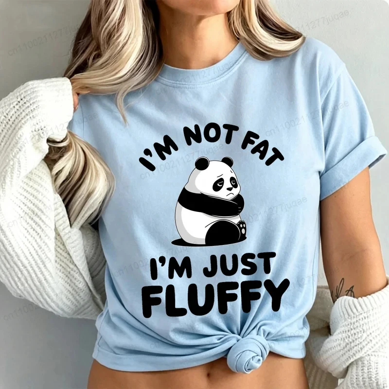 Funny Text I'm Not Fluffy Chubby Cartoon Panda Print Women T-Shirt Short Sleeve Crew Neck Humor Animal Lover Casual Gift Tops