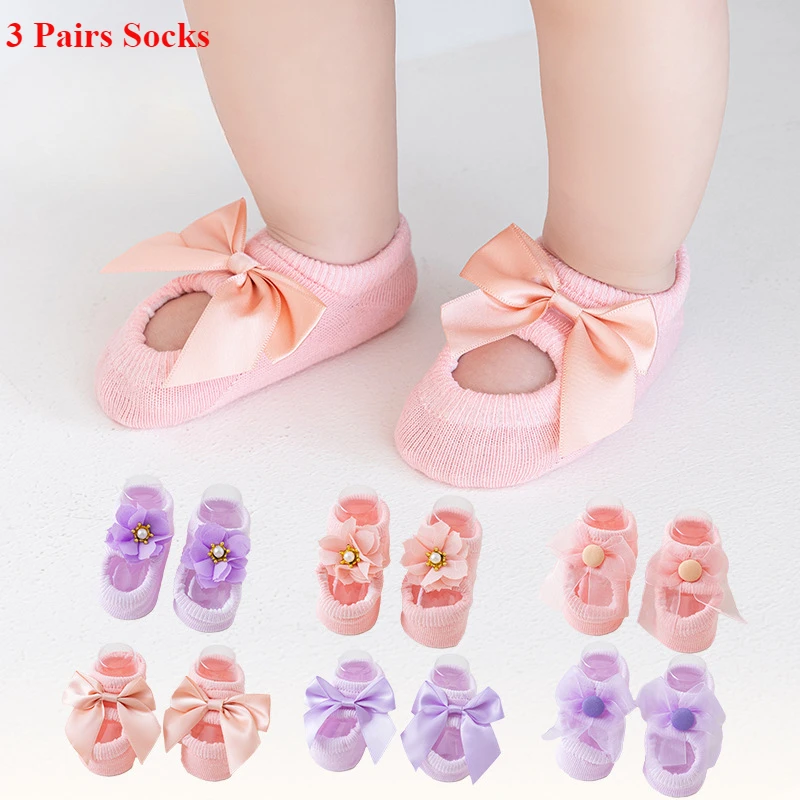 3 Pairs Infant Anti-slip Floor Socks Cute Flower Baby Socks Sweet Lace Bow Newborn Girls Princess Sock Soft Cotton