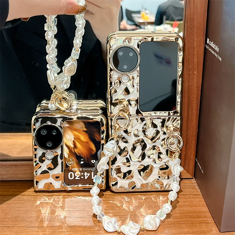 For Oppo Find N2 N3 Flip Luxury Classic Leopard Wave Shockproof Pearl Chain Phone Case Cover