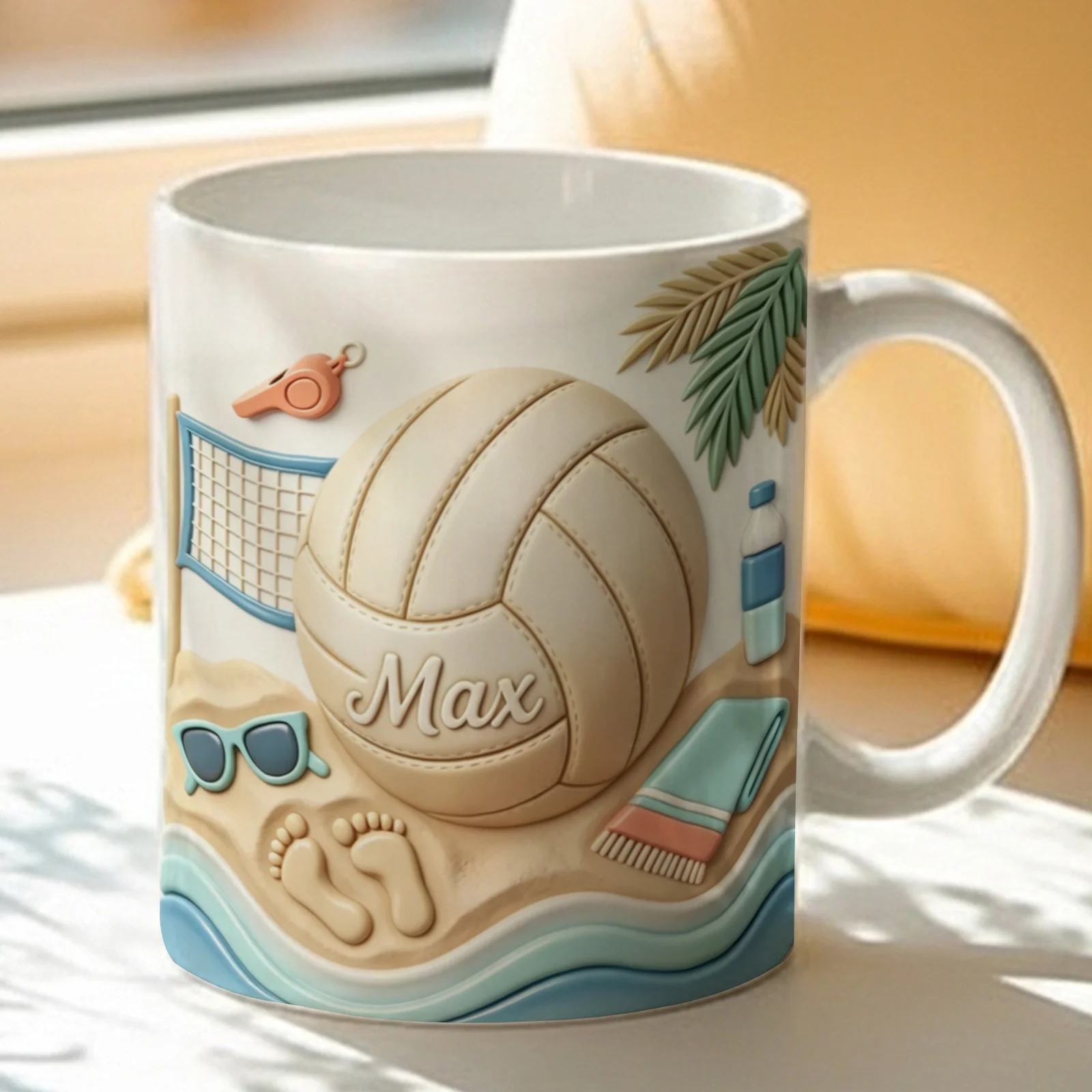 Personalized Beach Volleyball Ceramic Coffee Mug Custom Name Gift 3D Inflatable Bubble Pattern 11oz Summer Theme Cup for Father