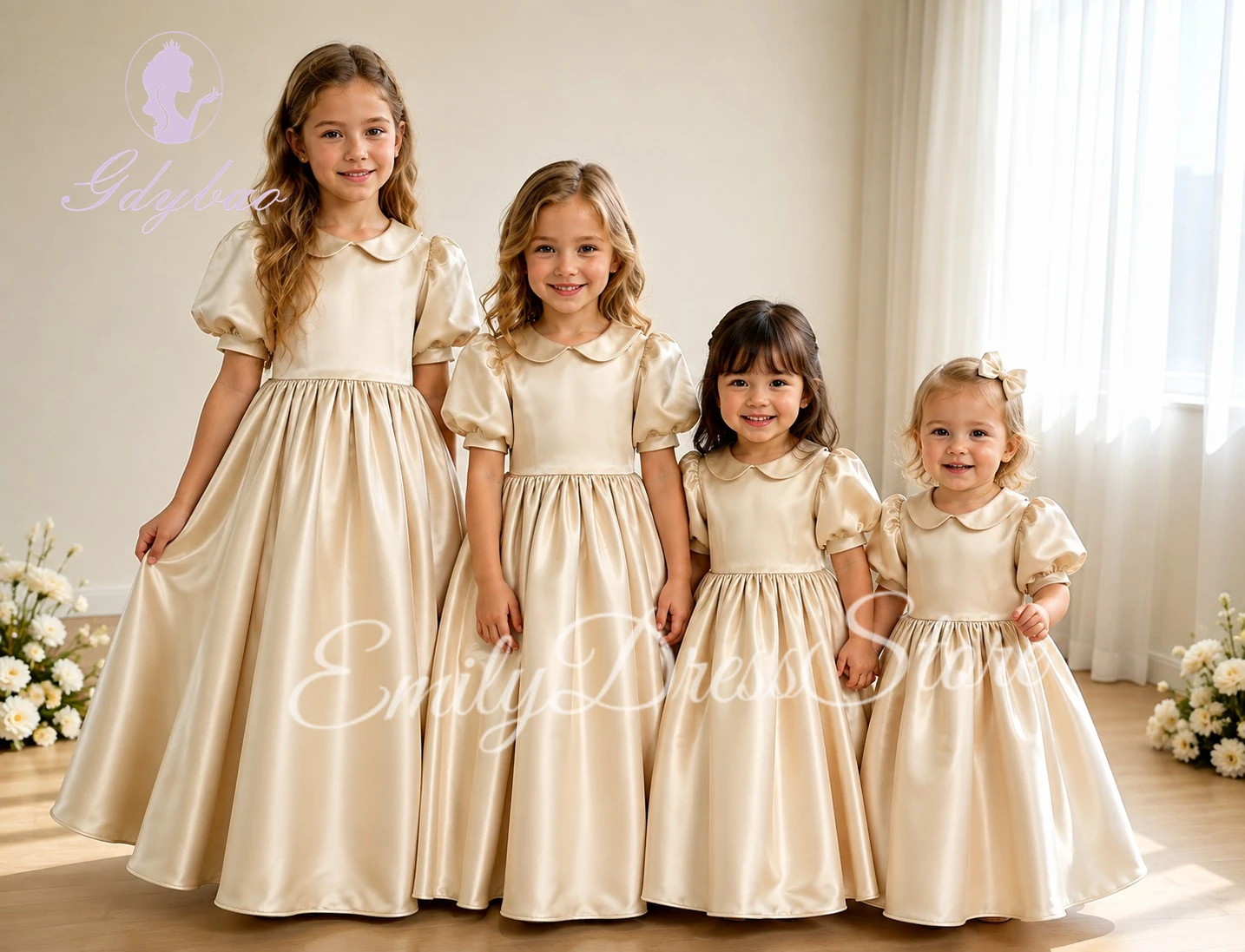 Customized Champagne Flower Girl Dress For Wedding High Waist Puffy 2-16 Teen Elegant Kids Birthday First Communion Gowns