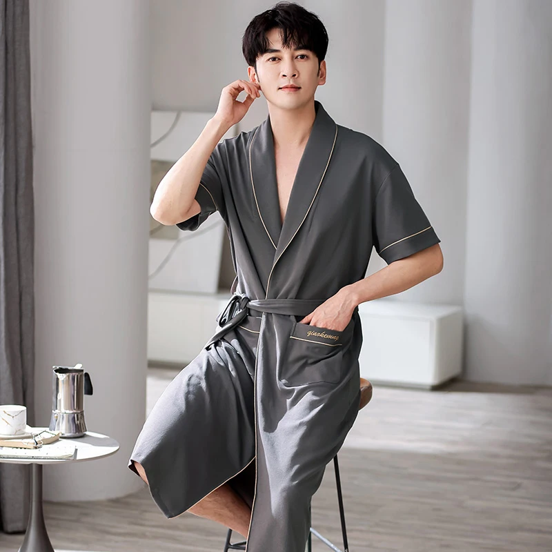 Men\'s Cotton Kimono Long Robes 4XL Short Sleeve Sleepwear Bathrobe Big Yards Nightgown Summer Lapel Home Clothes For Male