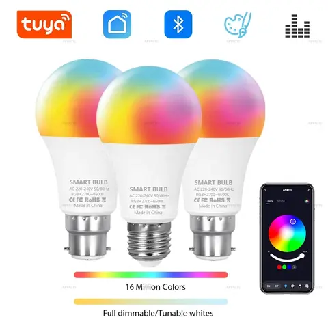 Smart Life APP Tuya Bluetooth LED Bulb Dimmable 15W 18W E27 B22 220V RGBCW Color Change Lamps Group Control Music Rhythm Timing
