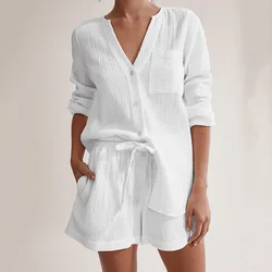 2-Piece Muslin Pajamas Set for Women 100% Cotton V-neck Long Sleeve with Shorts Sleepwear Nightgown Outfits Pajama Pocket