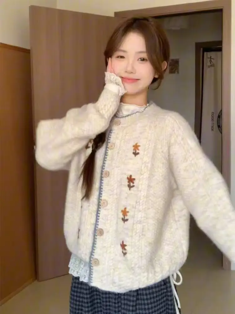 

Soft Cozy round Ne Embroidered Open Cardigan Sweater Women's Autumn Winter Sle Lazy Faion Top Polyester Fiber Long Sve