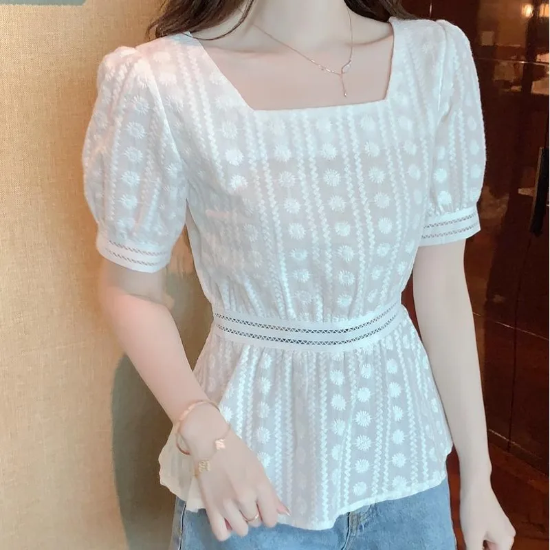 

Women's Summer Square Collar Pullover Lace Solid Patchwork Lower Back Short Sleeve Chiffon T-shirt Fashion Casual Elegant Tops