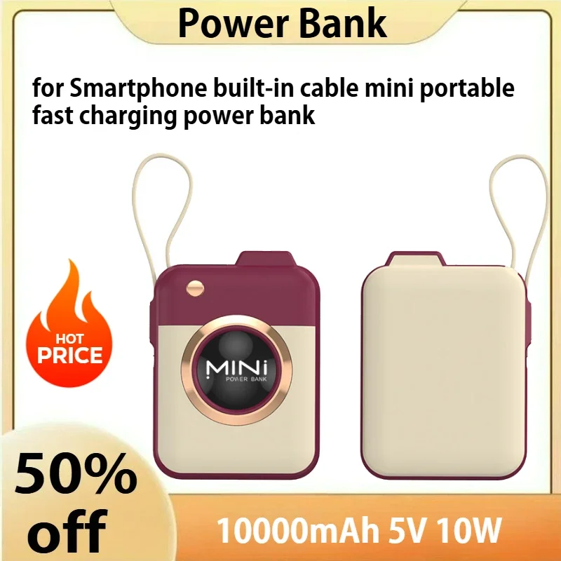 

10000mAh 5V 10W Mini Power Bank with Built in Cable Portable Fast Charging for Smartphones