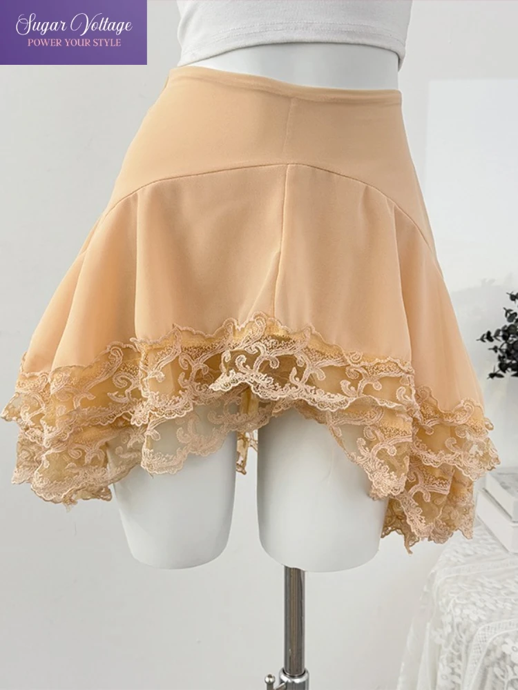 

Korean Fashion Y2K Vintage Harajuku Skirts Women Slim Lace Irregular High Waist A-Line Cake Skirts Autumn Casual Elegant Skirts