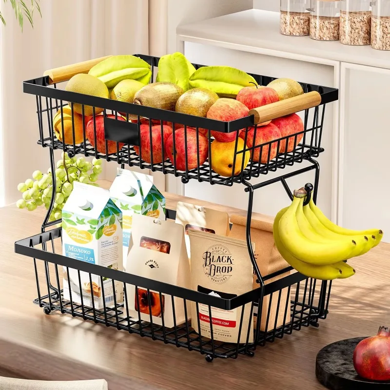 ruit Basket with Wooden Handle Vegetable Storage Basket Stackable Kitchen Organizer Removable Metal Basket for Spices