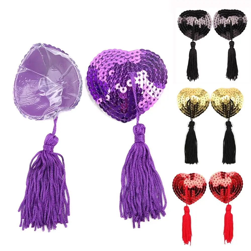 1 Pair Reusable Sequin Heart Shape Bra Tassel Breast Bra Nipple Covers Self Adhesive Womens Silicone Pasties