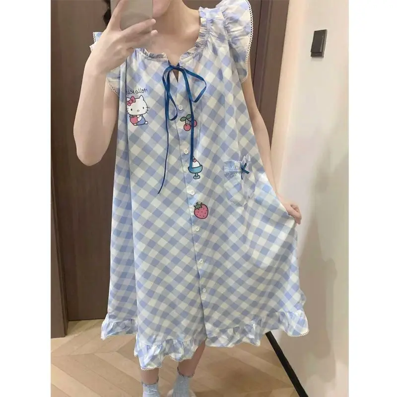 Sanrio Hello Kitty Y2K Pajamas Dress Sweet Cute Night Skirt Summer Sleep Dress Sleeveless Sleepwear Long Dresses Pijama Homewear