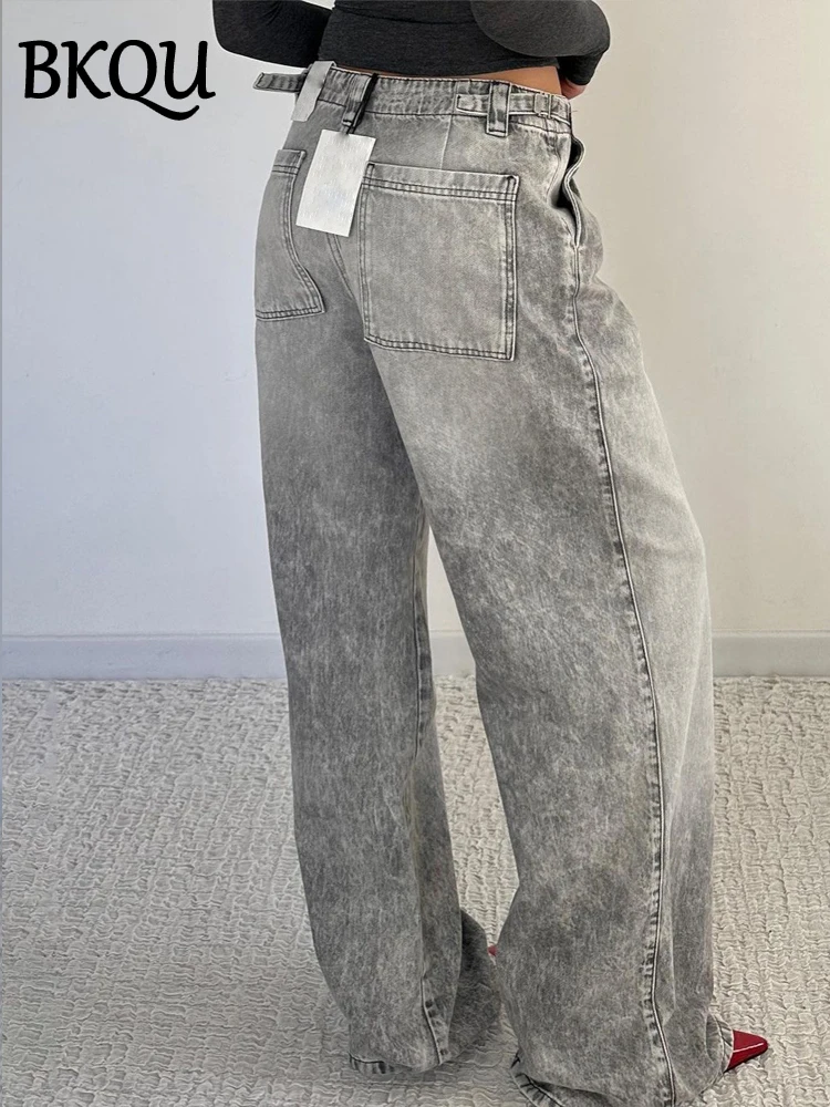 BKQU Fashion Low Waist Baggy Jeans Women Streetwear Retro Wide Leg Adjusted Waisted Denim Straight Trousers Harajuku Y2K Clothes