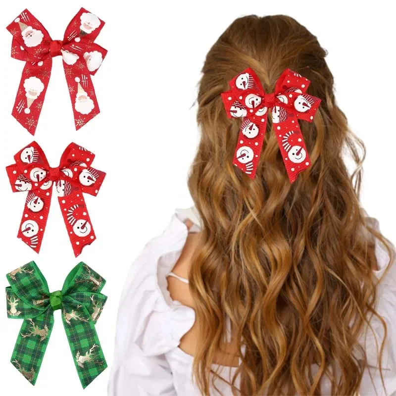 ncmama 2PCS Christmas Hair Bow Clips Cute Elk Snowman Santa Claus Print Bows Hairpins Headwear Barrettes Girls Hair Accessories