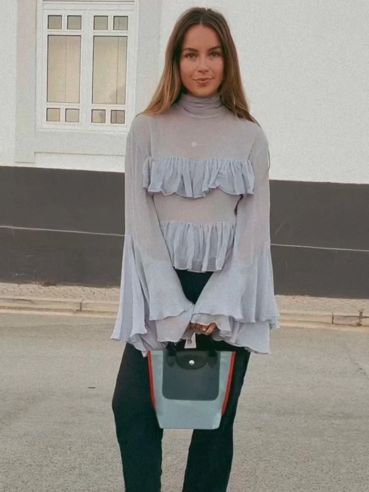 

2026 New Solid Layered Lotus Leaf Edge See Through Blouse Elegant Flare Sleeve Scarf Collar Gauze Top Women Fashion Loose Shirts
