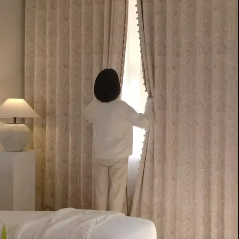 Modern Velvety Cream Design Yarn Dyed Curtain Thick Beige Double Layer Curtains for Bedroom Living Room