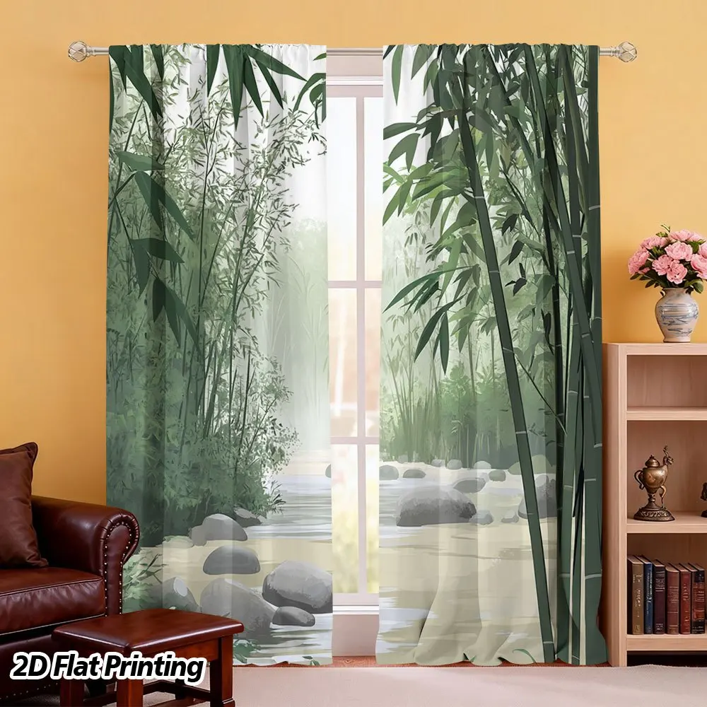 Fresh Ink Bamboo Forest Curtain Clear Stream Rock Print Light Filter Drape For Living Room Bedroom Hotel Indoor Home Ornament