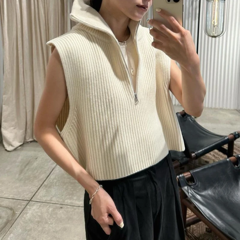 Spring Sleeveless Womens Clothing Stand-up Collar Zip Sweater 2024 New Ropa Mujer Casual Pullover Tops Women Japan Knitwears