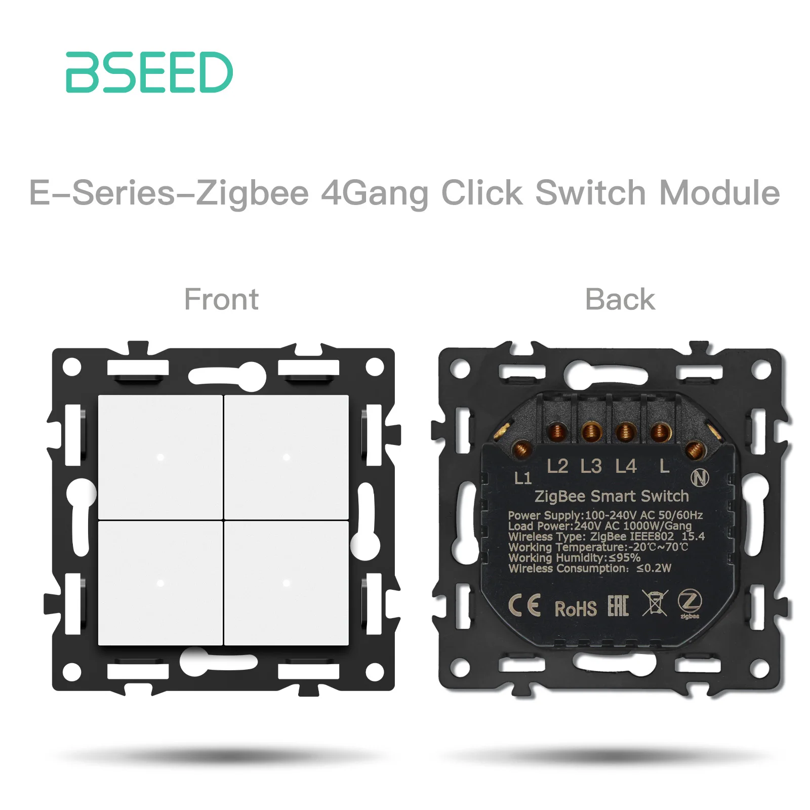BSEED Zigbee 1/2/3/4-fach Smart-Lichtschalter für Vorhänge und Jalousien, Dimmer-Schalter mit mechanischen Tasten, Steckdosen, USB-C, DIY-Teile, Kunststoffrahmen