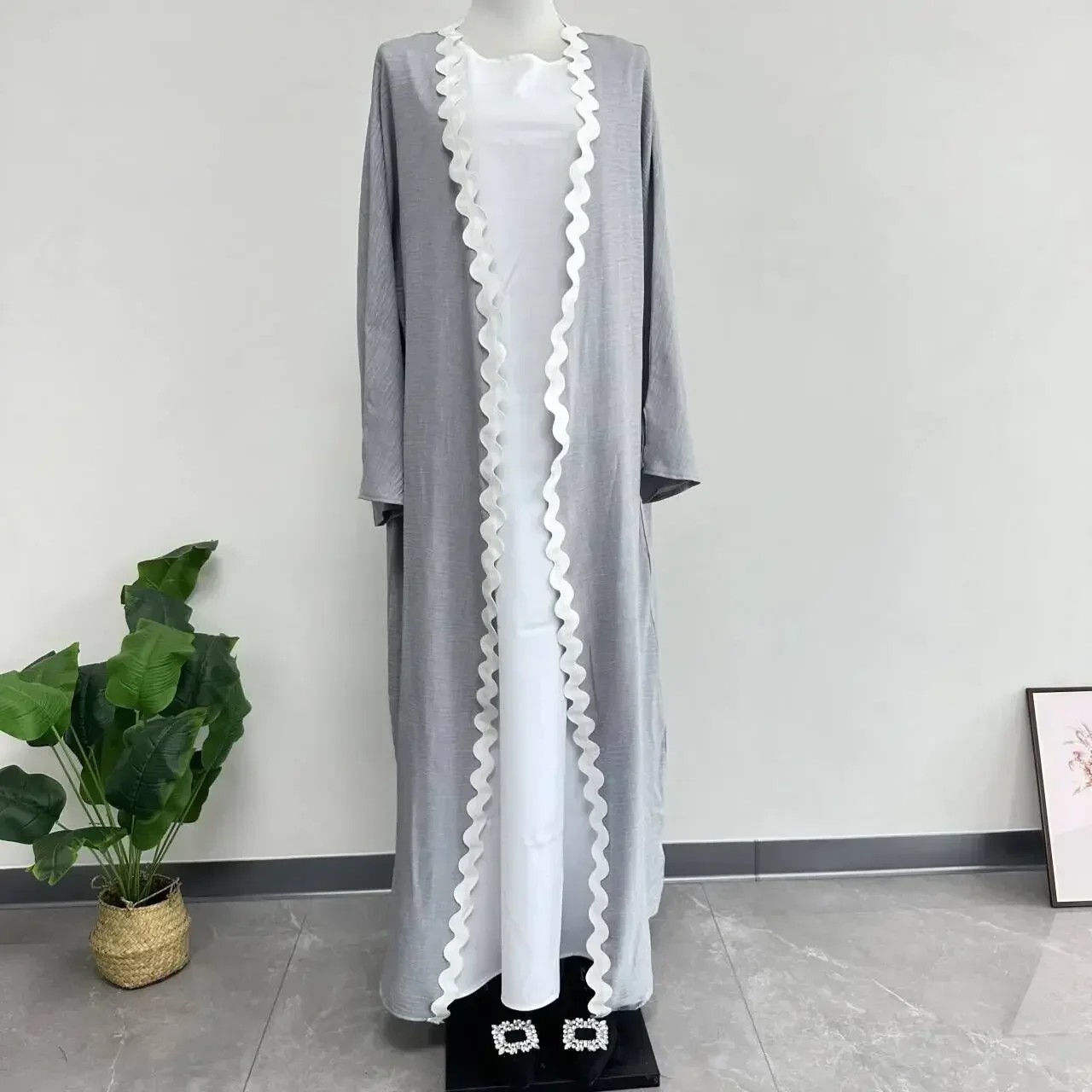 

Muslim Women Abaya Open Kimono Inner Dress 2 Pieces Set Arab Robe Kaftan Matching Suit Dubai Islam Clothing Turkey Eid Ramadan