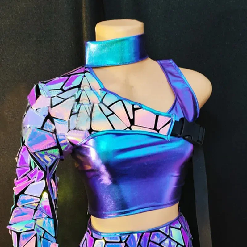 Mirror Purple Blue Laser Vest Mini Skirt Dance Costume Bar Nightclub DJ Gogo Dancer Sexy Stage Wear Club Party Festival Clothing