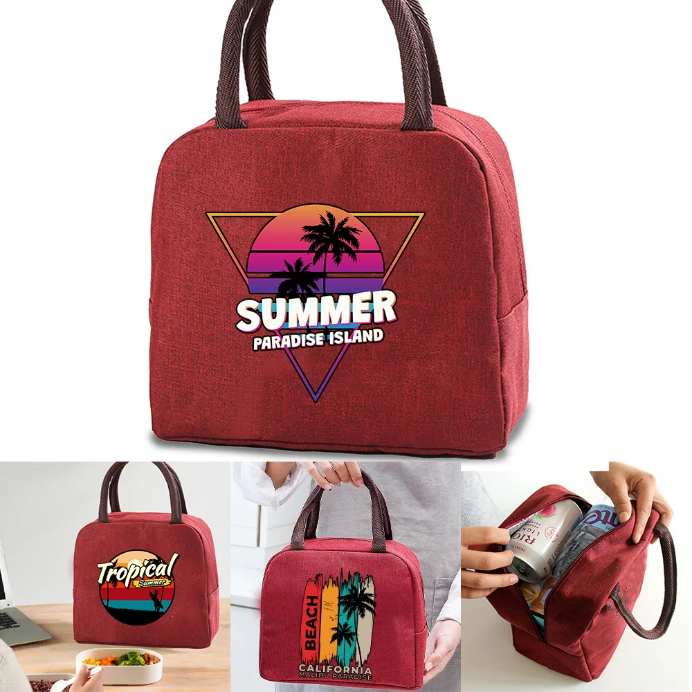 

Fresh Cooler Bag Thermal Holiday Print Canvas Portable Zipper Closed Lunch Bags for Women Convenient Lunch Box Tote Food Bags