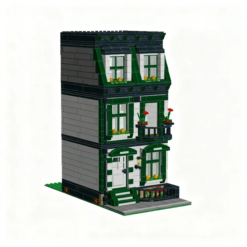 1033 قطعة من مكعبات البناء النموذجية لمنظر شارع مع منزل أخضر داكن، هدايا عيد الميلاد، لعبة تعليمية للتركيب الذاتي