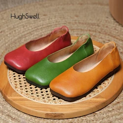 Concise Square Toe Leather Loafers Woman Soft Slip-on Flat Shoes Ladies Vintage Moccasin Zapatos In Red Green Color