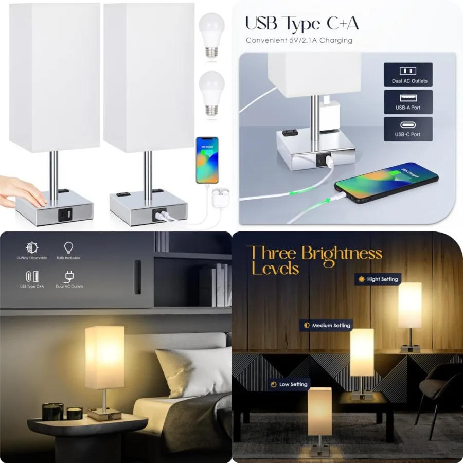 

Set of 2 Bedside Table Lamp 3 Way Dimmable Nightstand Lamp with USB C and USB A Charging Port, 2 AC Outlets, 3000K LED Bulbs