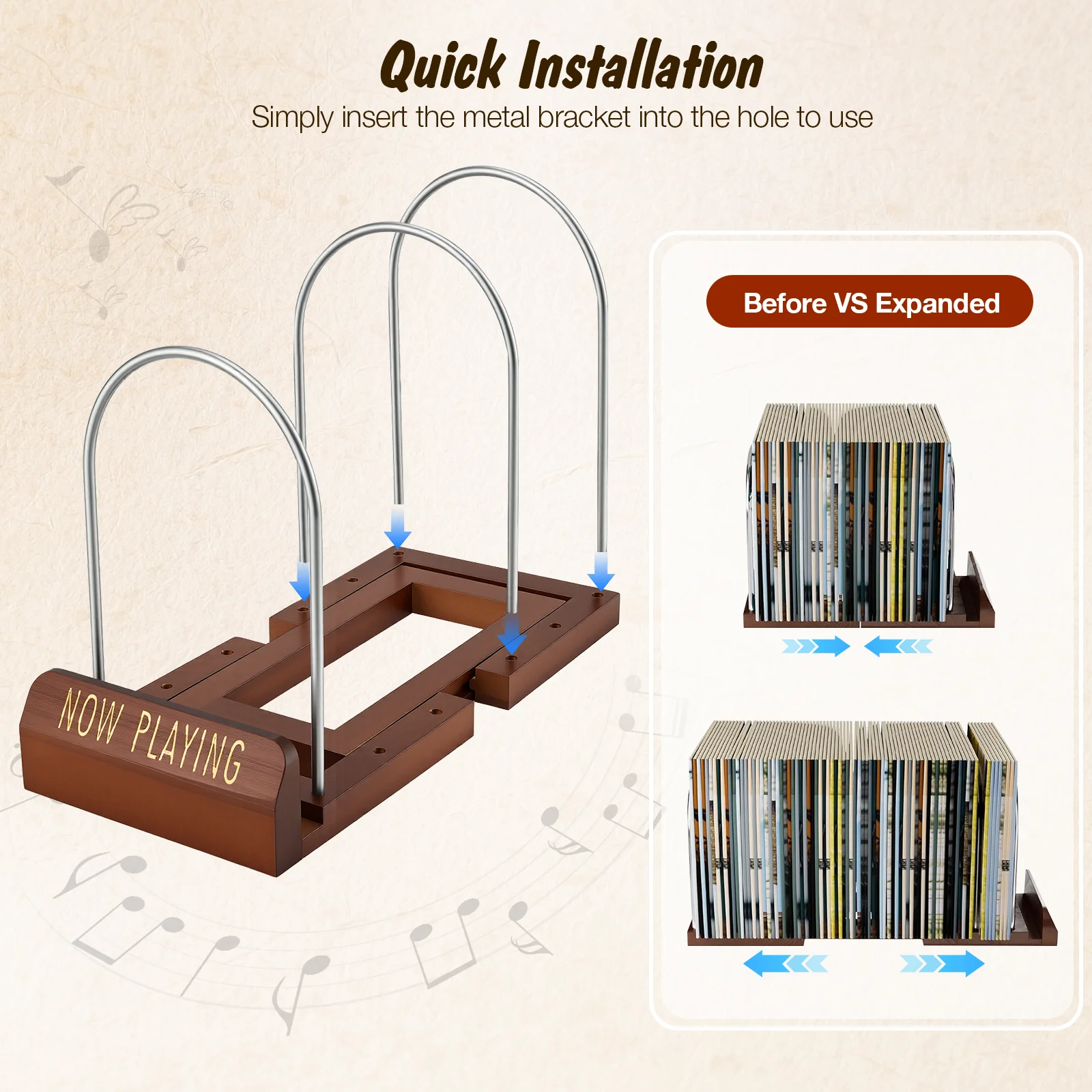 Supporto per la conservazione di dischi in vinile, espositore espandibile per 30-70 dischi LP, scaffale per album, robusto supporto in legno e metallo per la decorazione della casa, ideale per gli
