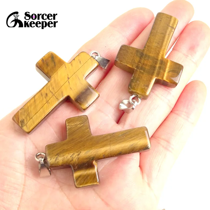 Wholesale 40x28x10 mm Big Cross Necklace Natural Gem Stone Tiger Eye Cross Pendants Charms fit Necklaces Jewelry Making GS219