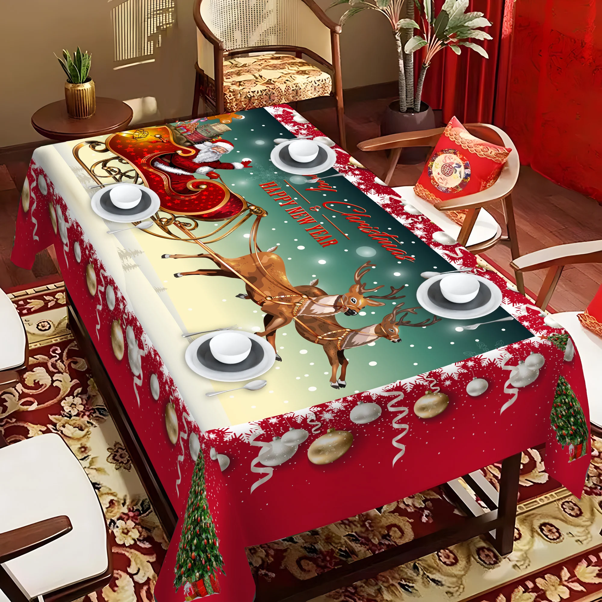 

1pc Santa Claus Pattern Tablecloth For Chirstmas Oilproof&Waterproof Tablecloth Home Party Rectangular Table Decoration Kitchen