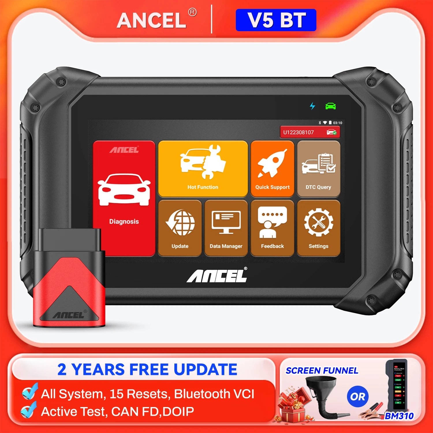 ANCEL V5 BT OBD2 Scanner Full Systems Diagnostic Tool Wireless Car Scanner Diagnostic Tool with Active Test 15+ Resets CAN-FD