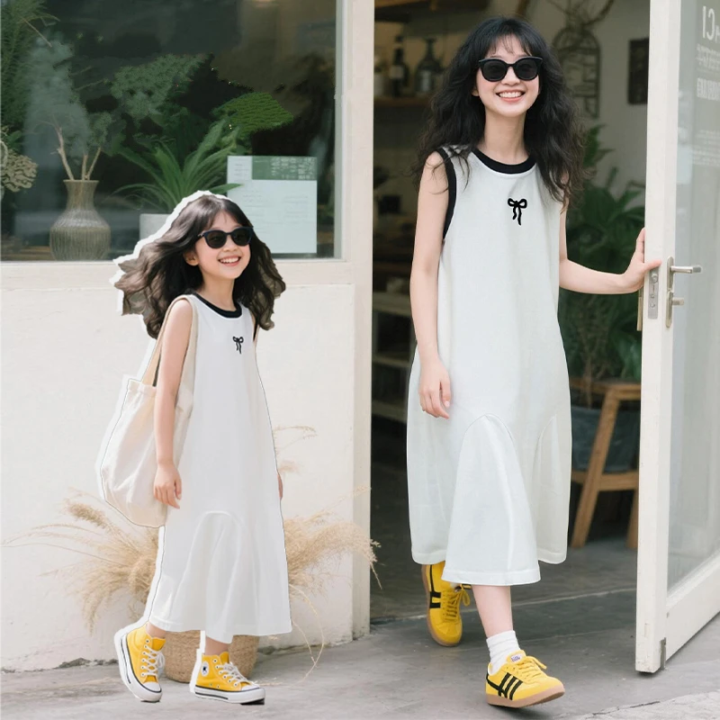 Elegant Kids Child Summer Long White Summer Dress with Bow for Teens Girls Korean Style Sleeveless Cotton Ruffle Dresses 5-14 Y