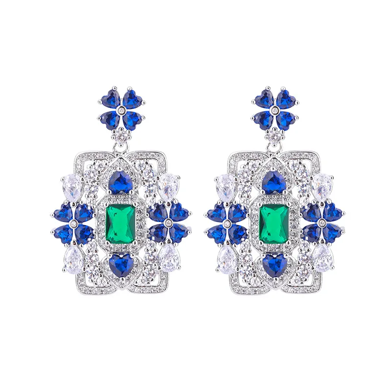 European and American Retro Palace Style Earrings High-end Blue Heart Flower Square Stud Earrings for Women Micro-inlaid Zircon