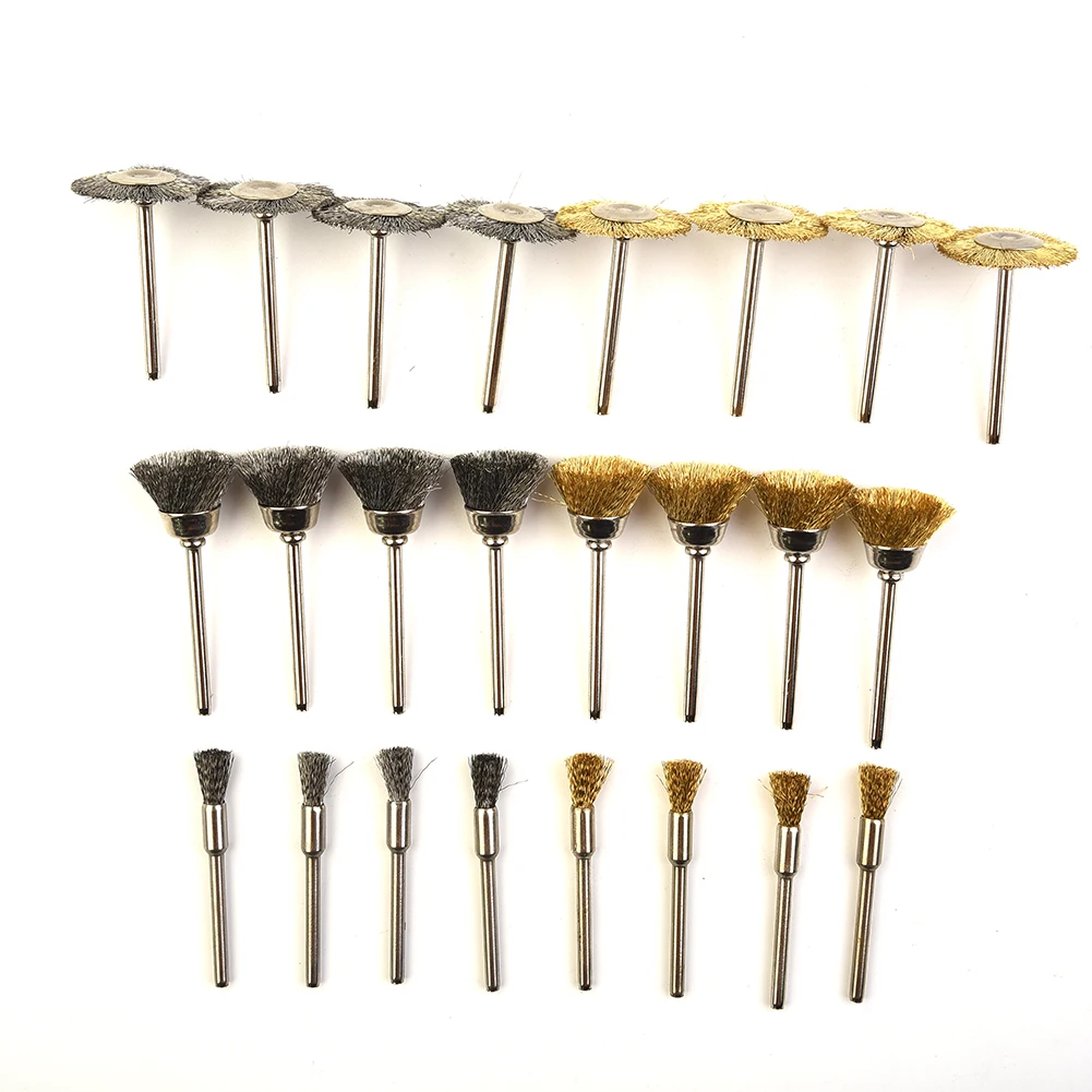 24Pcs Brass Brush Steel Wire Wheels Brushes Drill Rotary Tools Polishing Rotary Tools Metal Rust Removal Brush Set Hand Tools