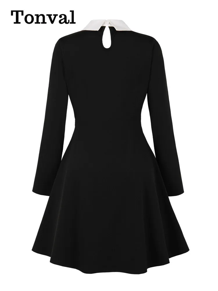 Tonval Contrast Turn-Down Collar Long Sleeve Elegant Short Dresses Autumn Winter Clothes for Women Keyhole Back A-Line Dress