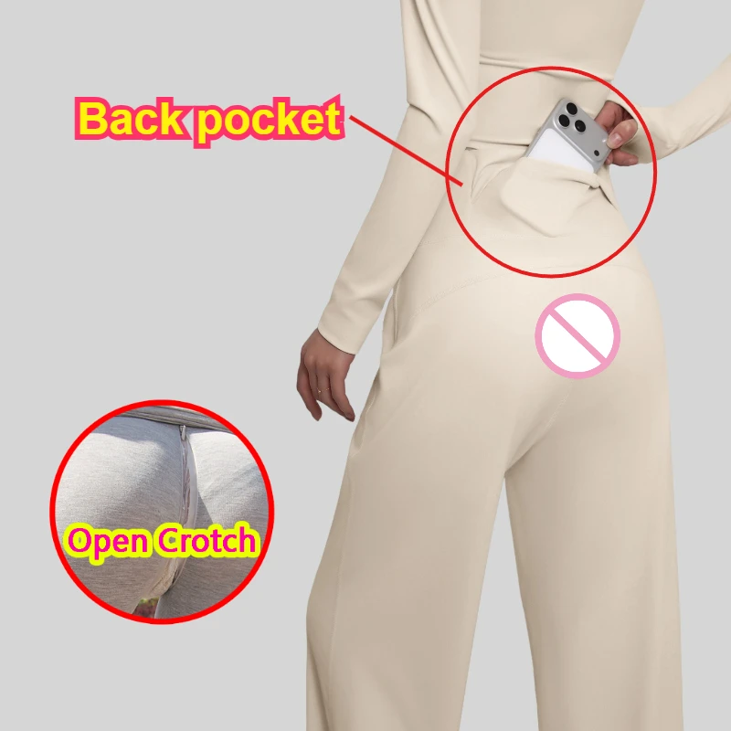 Women's Open Crotch Leggings Hidden Zipper Pocket Sporty Outdoor Play Easy Gym Fitness Trousers Daily Bottoms Crotchless Panties